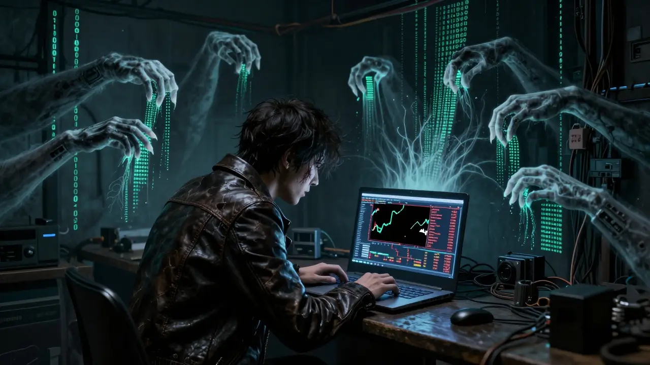 Développeur dans un sous-sol, son écran affiche des graphiques MXC qui s’effondrent, tandis que des mains mécaniques sortent des murs.