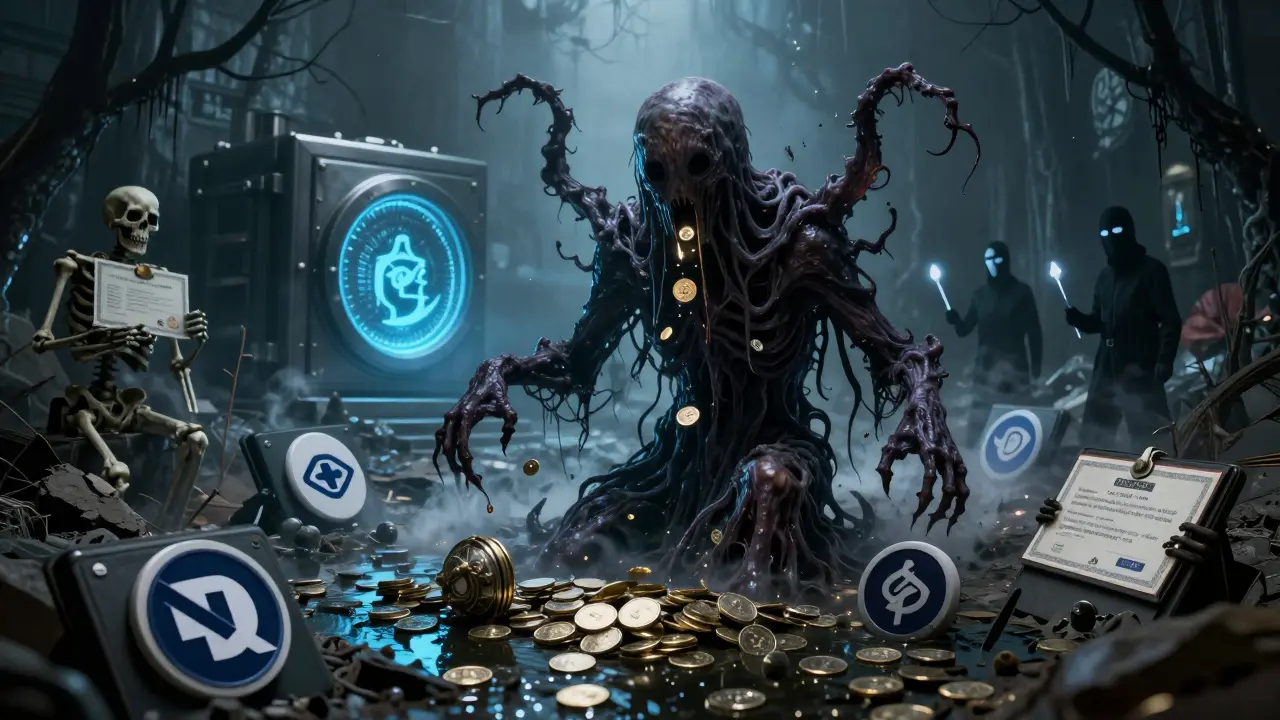 Entité démoniaque issue de protocoles DeFi détruisant des entreprises non conformes, tandis qu'un coffre réglementé brille en sécurité.