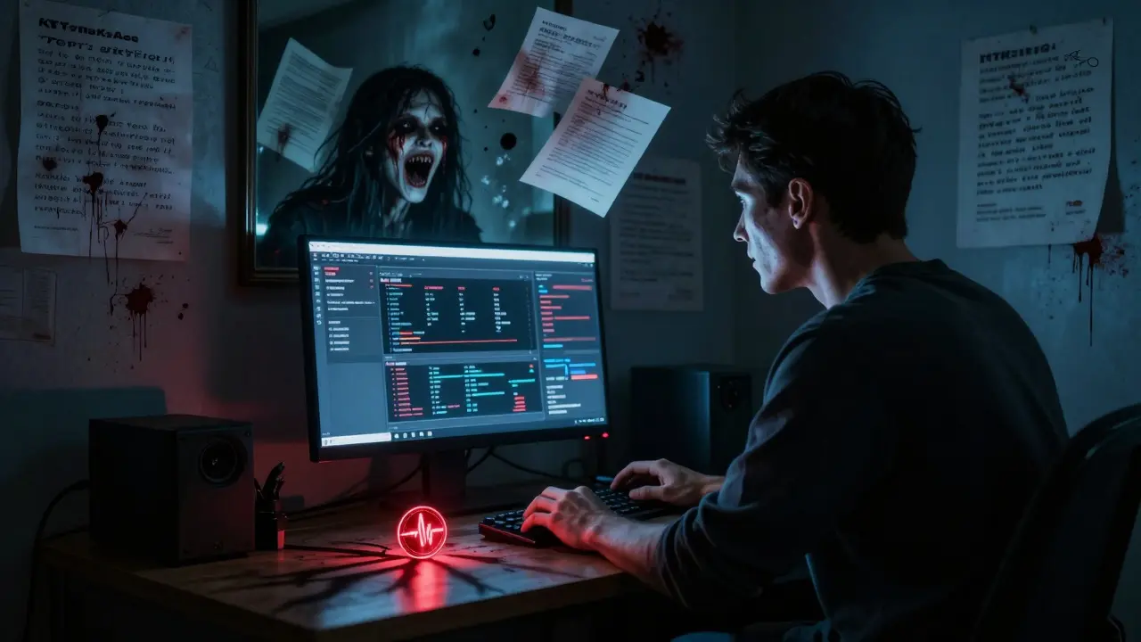 Un trader face à un écran clignotant, son reflet montrant une créature hurlante, entourée de documents KYC qui se transforment en cendres.