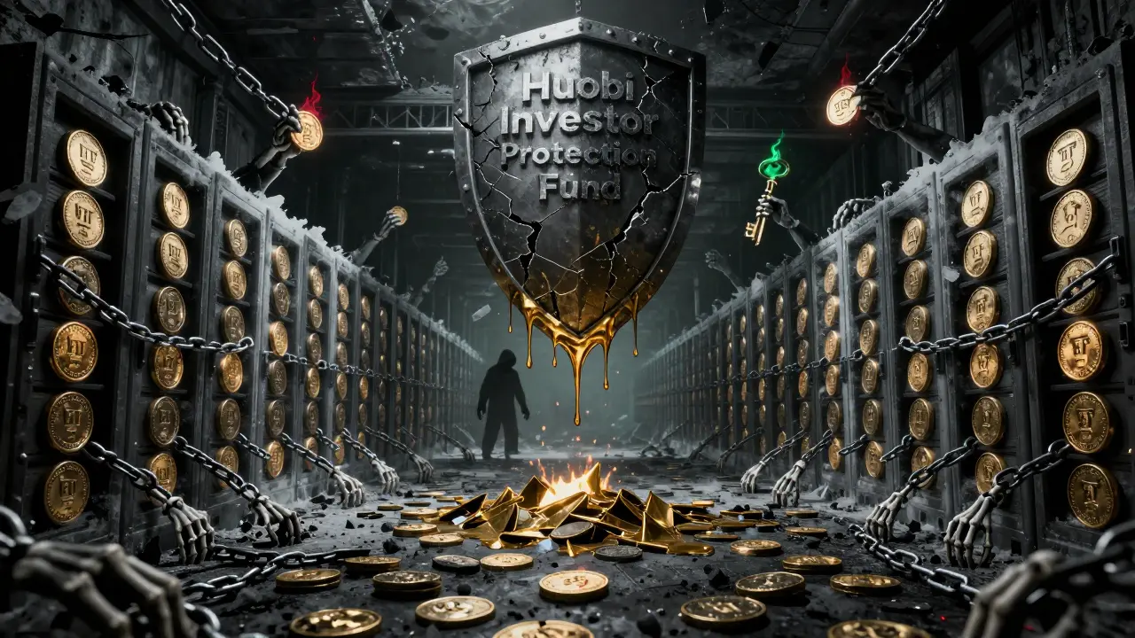 Une cave souterraine remplie de jetons HT enchaînés, tirés par des mains squelettiques, sous un bouclier fissuré qui fuit de l'or qui se change en cendres.