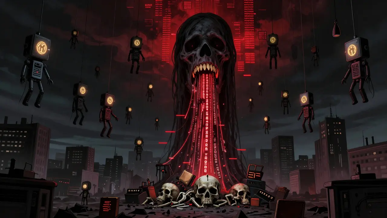 Ville déserte où des milliers d'appareils IoT flottent dans les airs, dominés par une tour supernode géante qui avale des données.