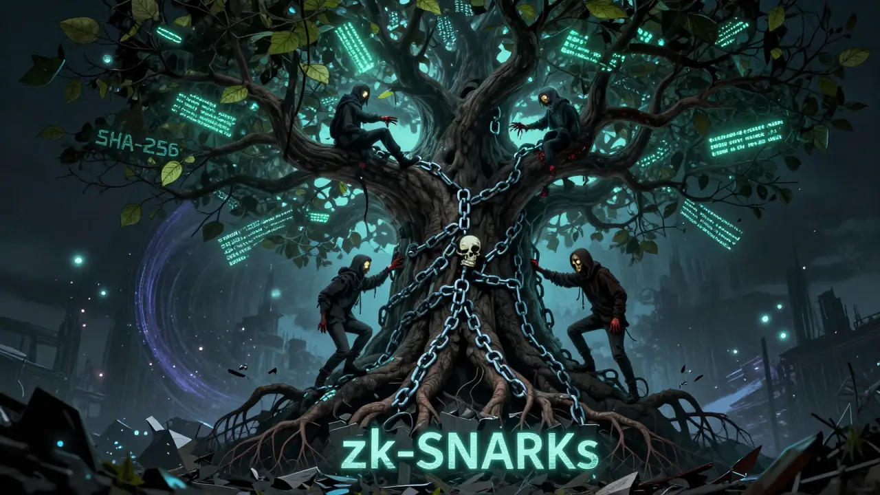 Arbre monstrueux aux racines de hachage SHA-256, développeurs squelettiques escaladant des preuves STARK, tandis que les zk-SNARKs sont engloutis par des particules quantiques.