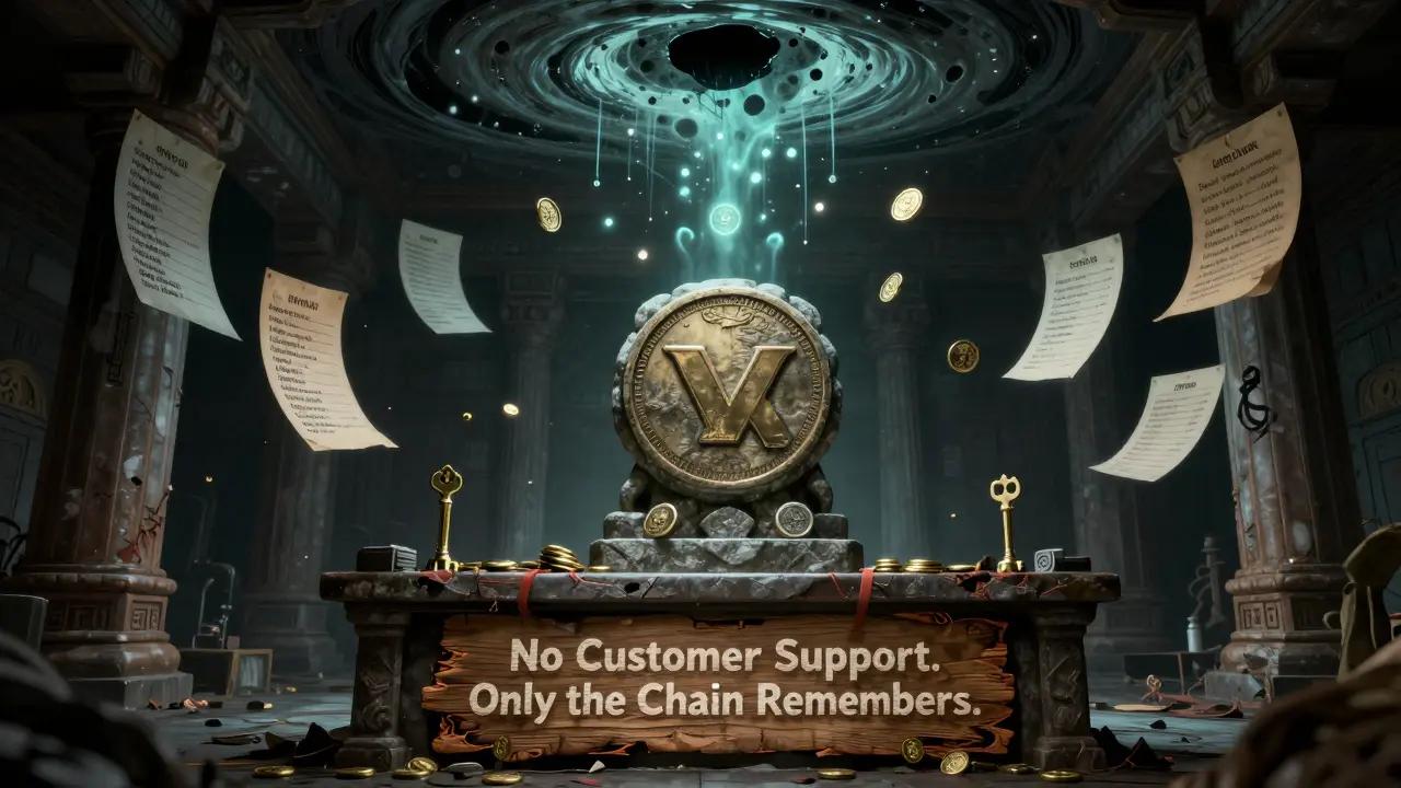 Autel sacrificiel où des utilisateurs offrent leurs clés privées à un idole VX, sous une pluie de dividendes fantomatiques.