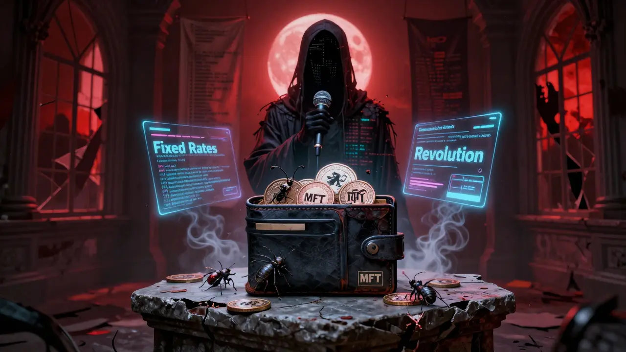 Portefeuille oublié débordant de jetons MFT vivants, une silhouette de code immense se dresse derrière, dans une lumière rouge sang.
