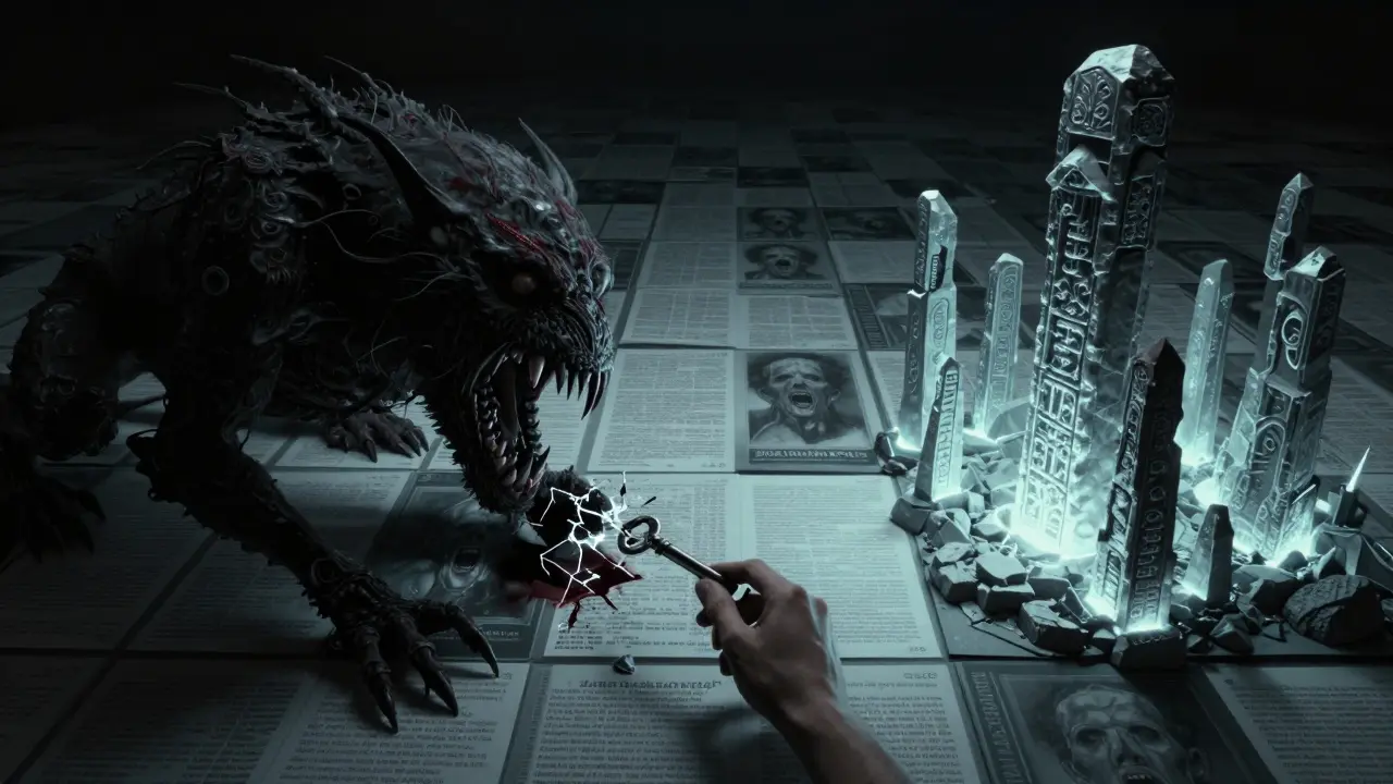 Registre blockchain infini où des visages crient, dévorés par une bête quantique, tandis que des monolithes STARK brillent d'une lumière froide.