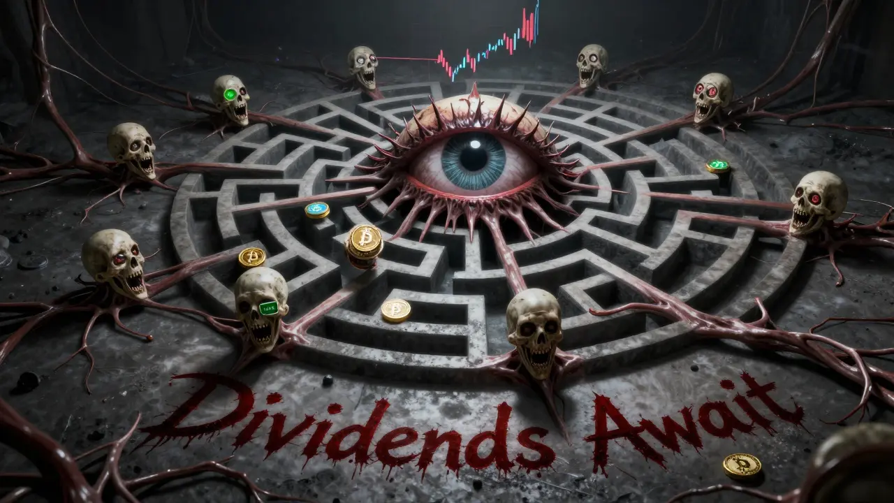 Réseau blockchain organique sous forme de veines et de visages hurlants, avec des pièces cryptos comme amulettes maudites.