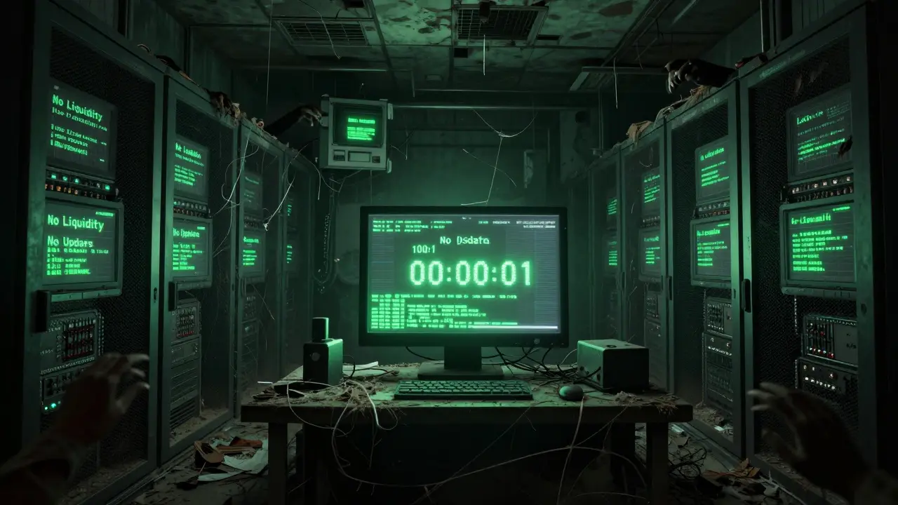 Salle serveur abandonnée de Hifi Finance, écrans morts, mains ombres qui griffent des coffres vides dans la pénombre.