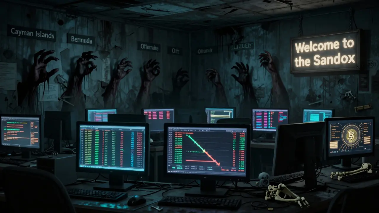 Un sol d'échange cryptographique vide, des mains sombres sortent des murs pour tirer des utilisateurs dans l'ombre.