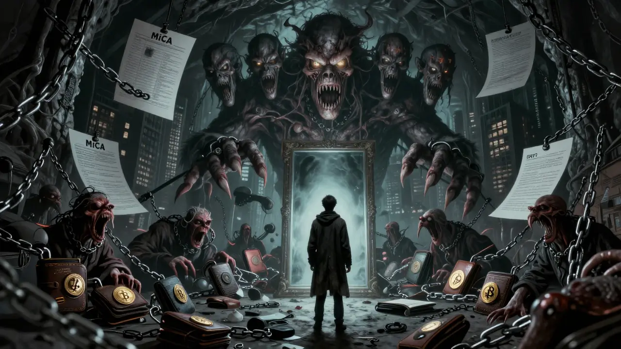 Une caverne souterraine remplie de portefeuilles cryptos enchaînés, sous une créature réglementaire aux têtes multiples.