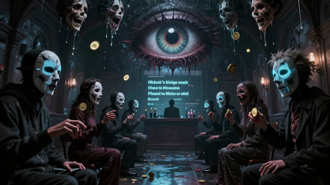 Une salle aux enchères maudite où des fantômes paient avec des doigts coupés pour des NFT Maye Musk, sous un ciel qui pleut des jetons RACA hurlants.
