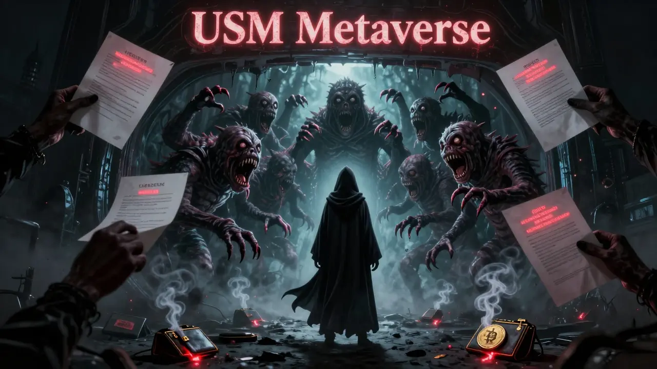 Une silhouette face à une portal pulsant du métavers USM, dont le reflet révèle des créatures Metamon qui griffent depuis l'abîme.