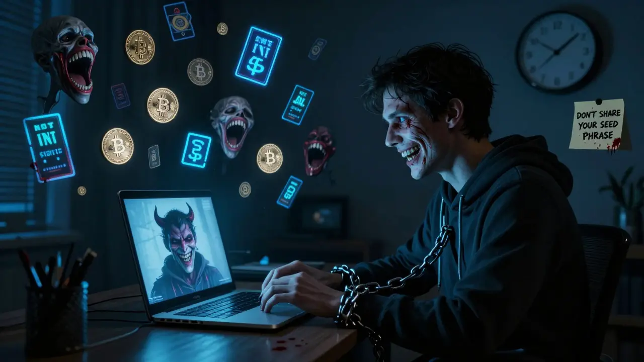 Utilisateur refleté comme un démon, des jetons en forme de bouches hurlantes, chaînes aux poignets, sous une lumière d'écran clignotante.