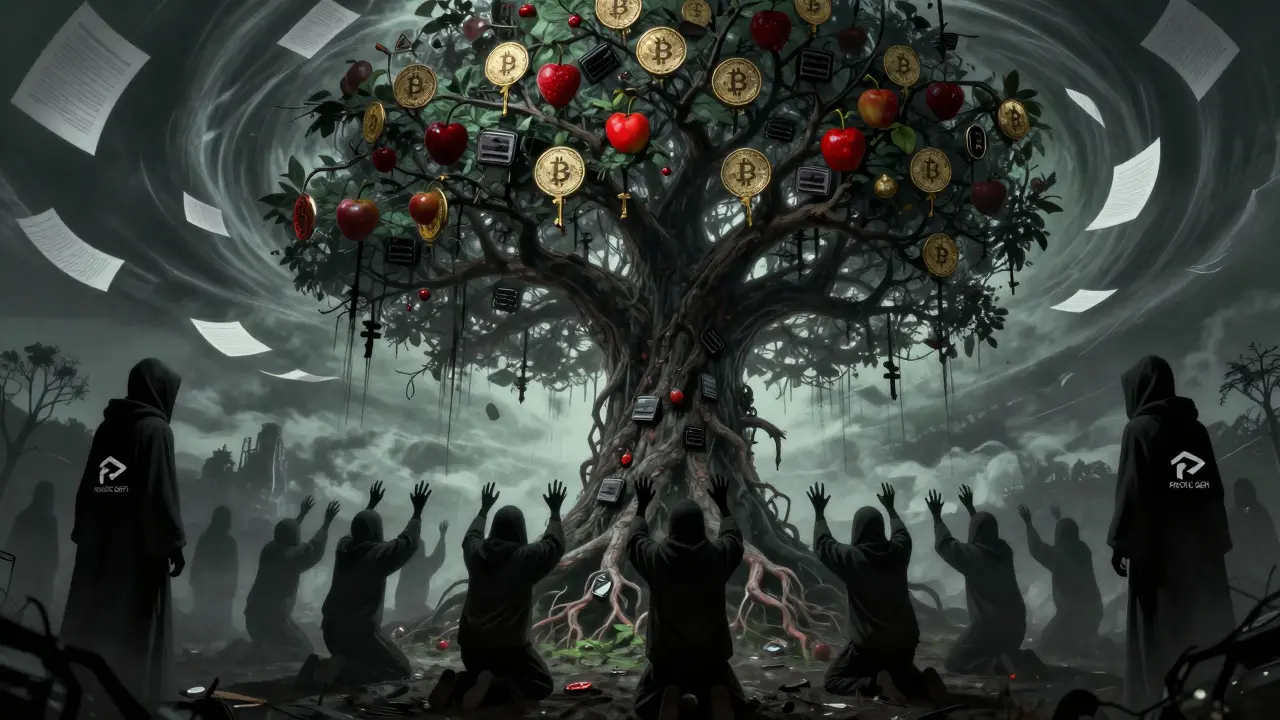 Arbre blockchain pourri avec des âmes numériques récoltées par des ombres portant un logo d'arnaque.