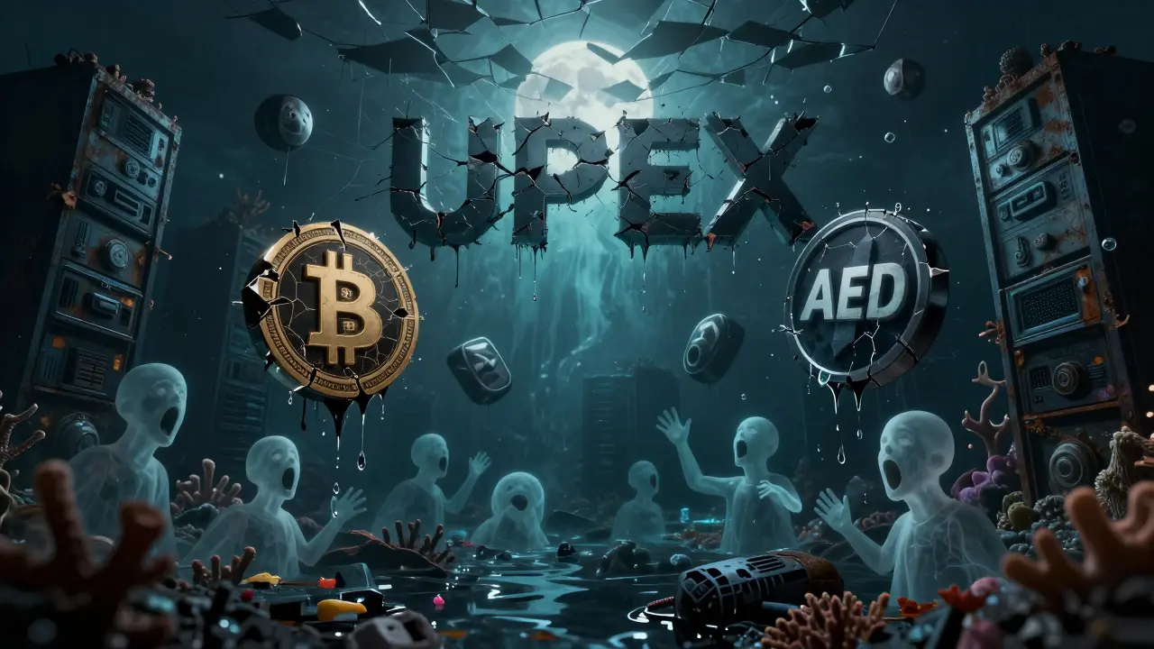 Cimetière numérique sous l'océan avec des symboles crypto qui coulent et des fantômes d'utilisateurs.