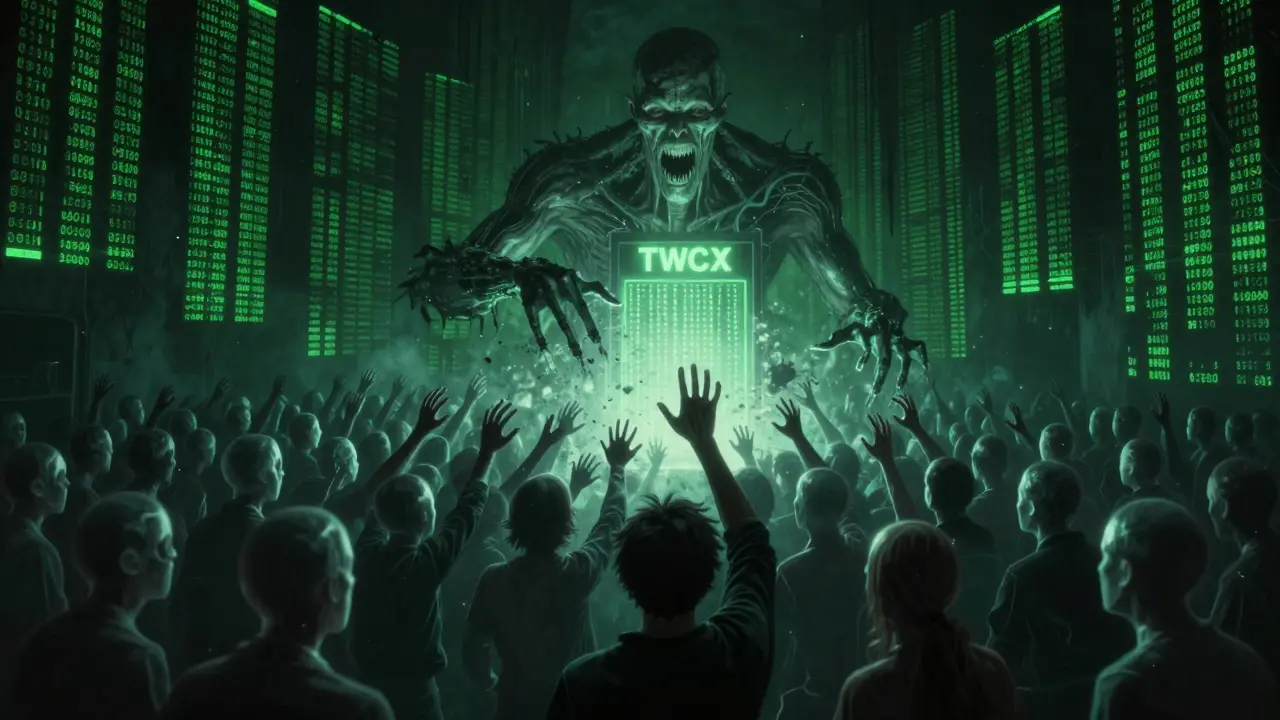 Des utilisateurs fantômes tendent la main vers un portail trompeur dans un vide numérique infini.