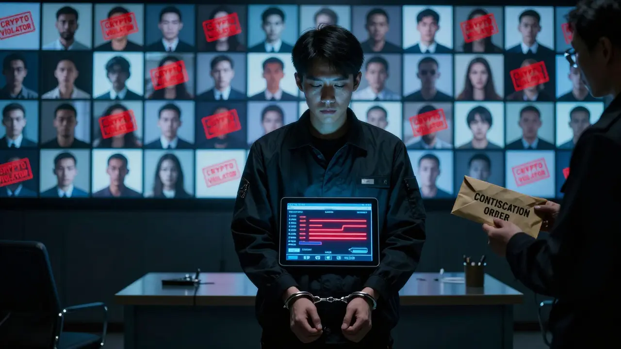 Homme interrogé dans une pièce froide, écran montrant des transactions blockchain en rouge, ombres menaçantes.