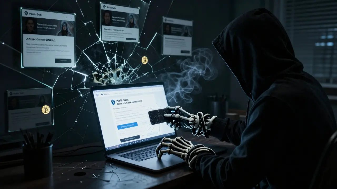 Investisseur piégé par un site de fraude crypto dont les mains squelettiques tirent son portefeuille dans l'écran.