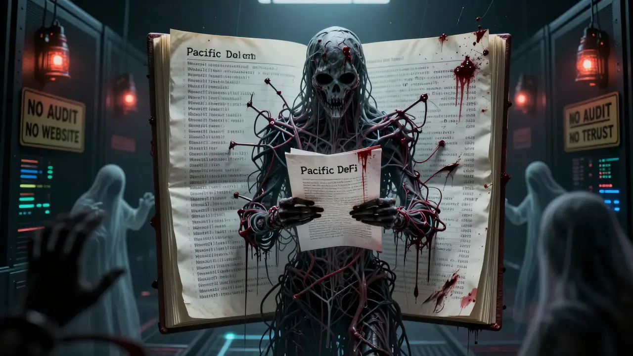 Ledger maudit flottant dans un centre de données hanté, avec une entité de code dévorant des adresses volées.