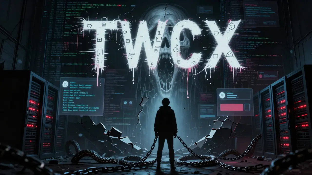 Mur numérique en ruine où le nom TWCX se transforme en visage hurlant, entouré de profils vides.