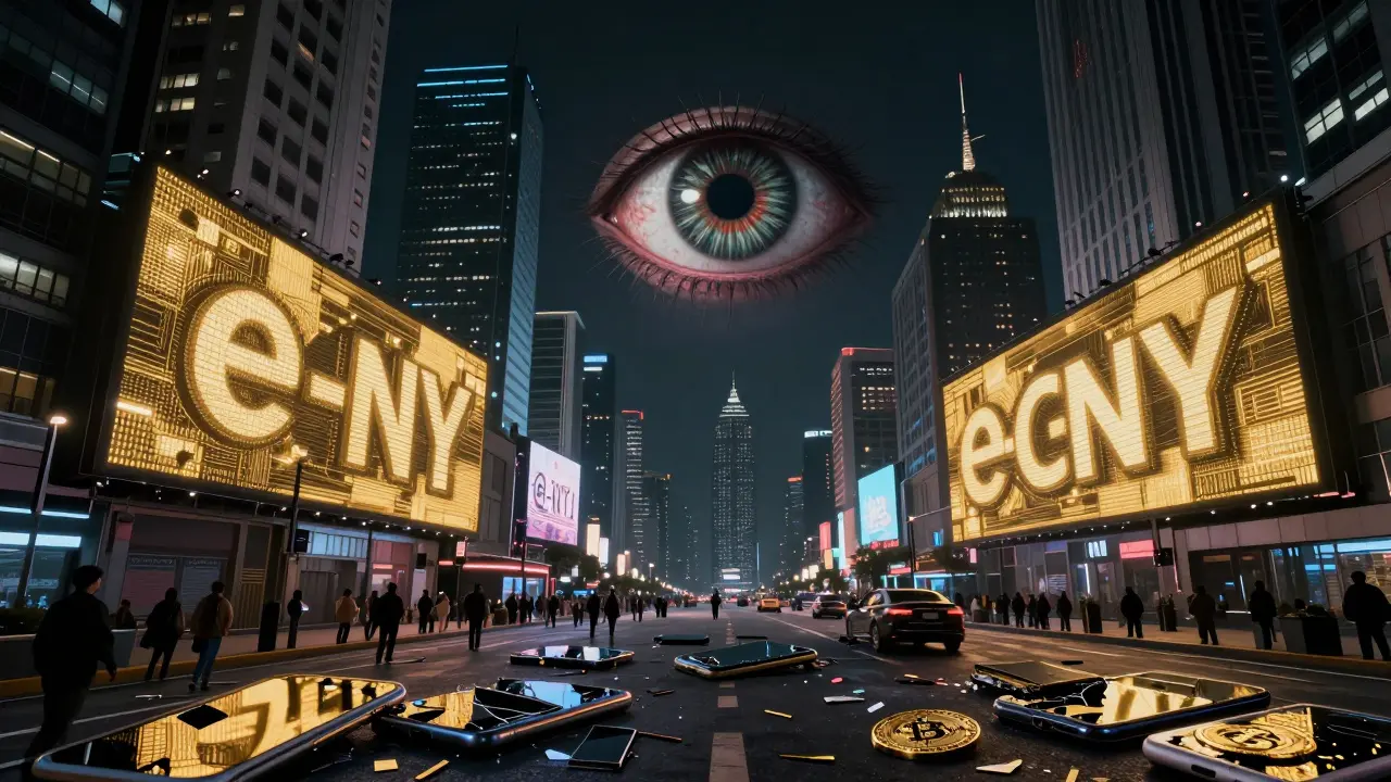 Skyline de Shanghai avec le yuan numérique en lumière dorée, en dessous des déchets de cryptomonnaies et un œil numérique surveillant.