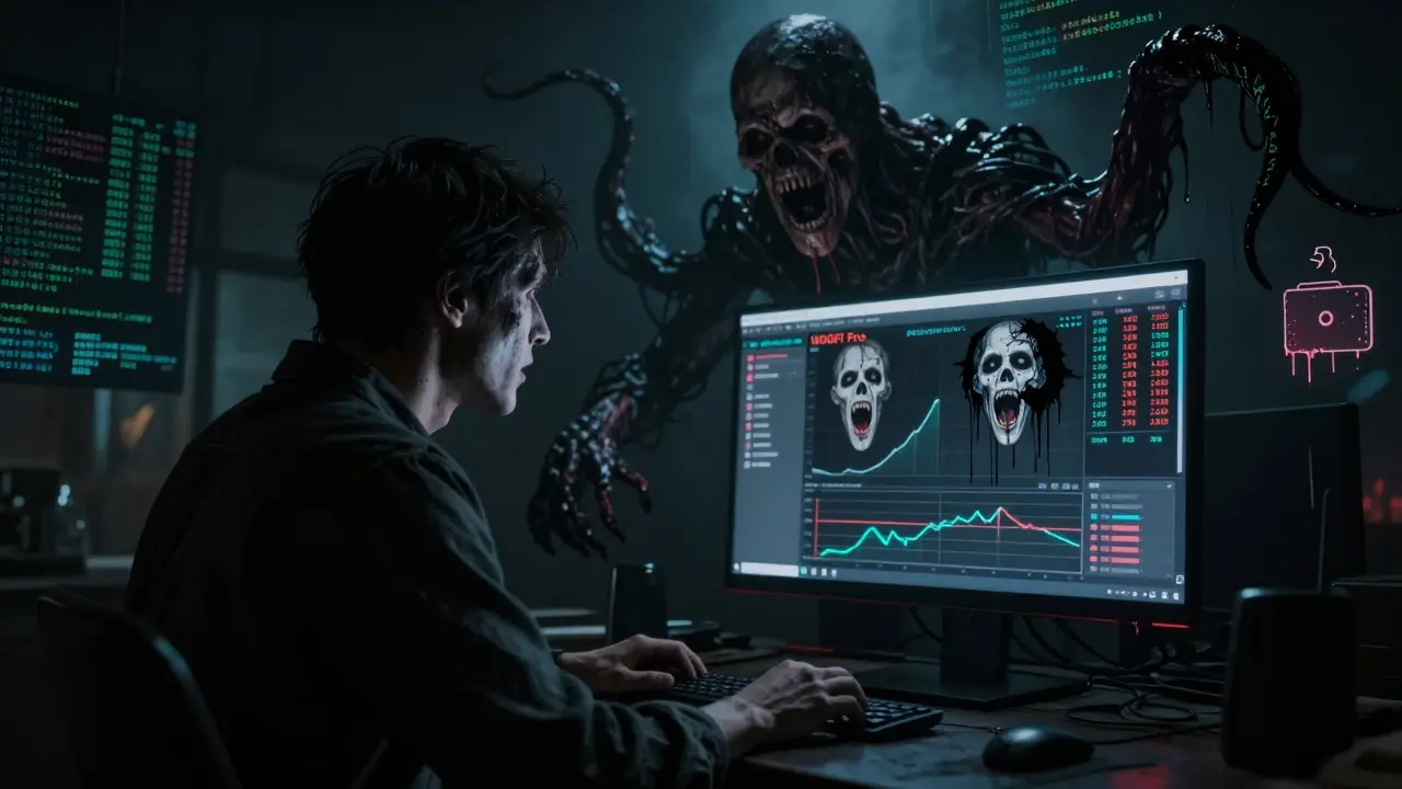 Trader ombre face à un écran où les courbes de prix crient, une entité code le dévore, le portefeuille saigne.
