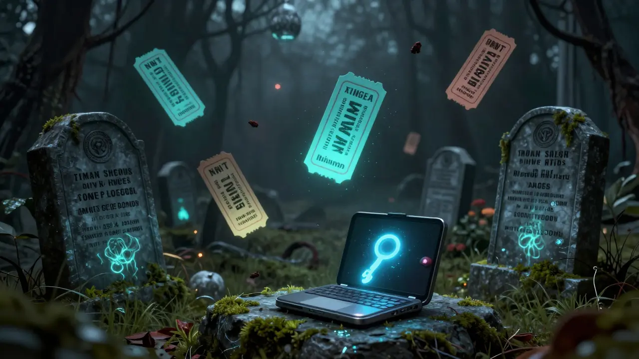 Un cimetière de billets NFT flottants, certains emprisonnant des âmes, avec un portefeuille crypto ouvert laissant échapper une clé mourante.