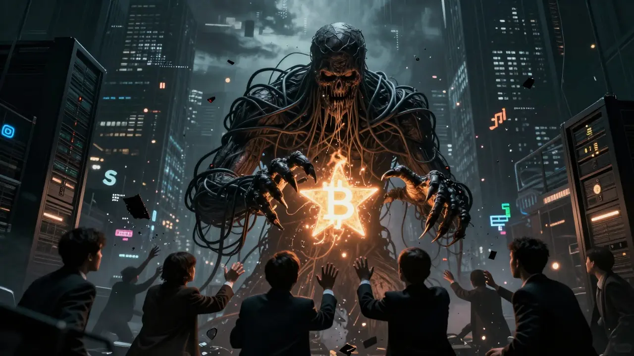 Une entité monstrueuse faite de câbles et de symboles crypto détruit des portefeuilles, sous un ciel de brouillard numérique.