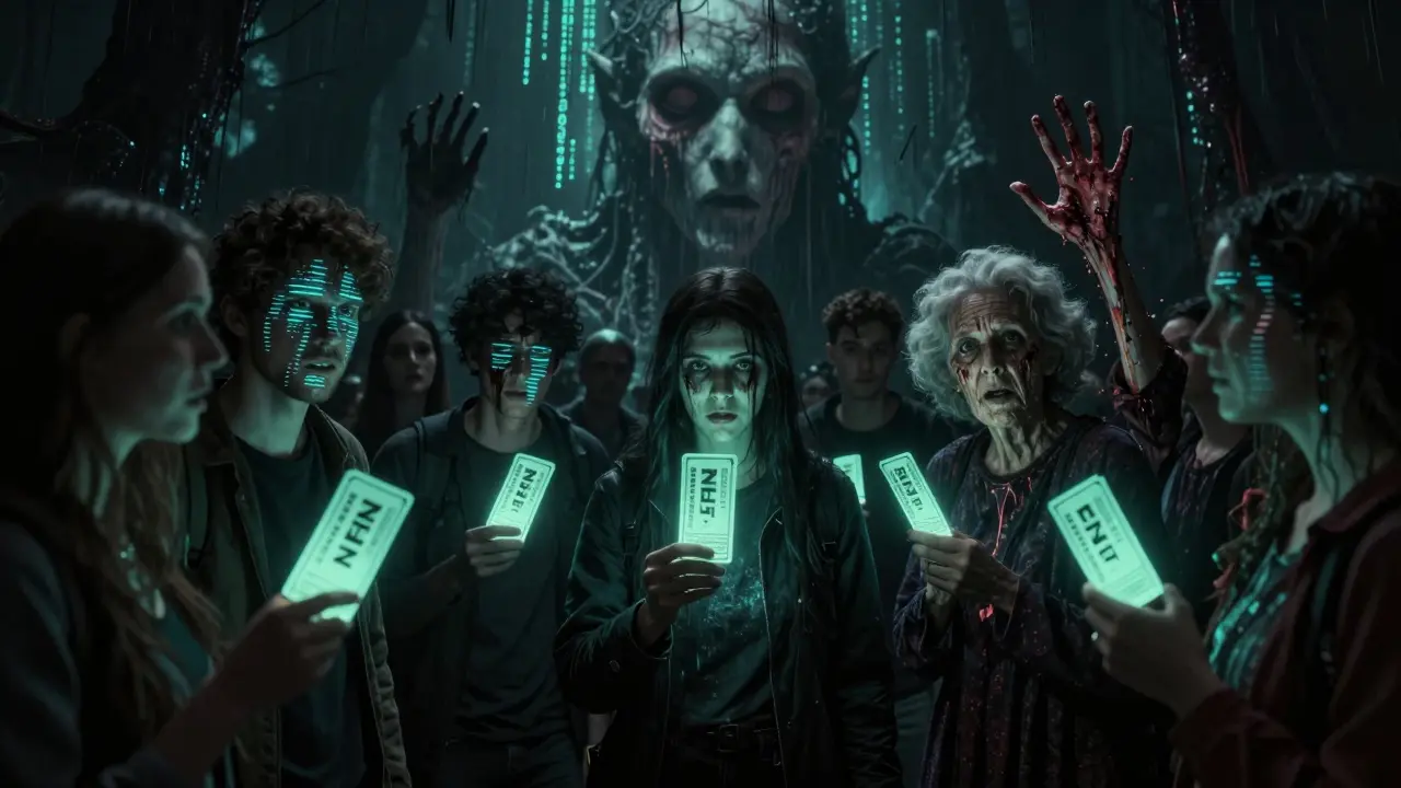 Une file interminable de fans dont les visages fondent en statique, attirés par une entité blockchain monstrueuse dans une ambiance d'horreur sombre.