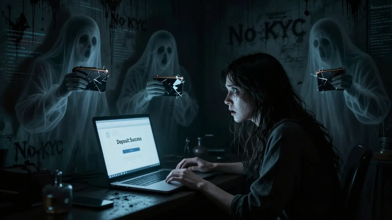 Une personne terrifiée regarde un écran de faux dépôt, tandis que des fantômes de victimes se fondent dans les murs.