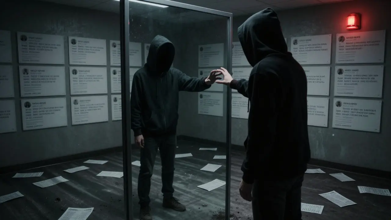 Utilisateur face à un miroir monstrueux reflétant une silhouette sans visage en hoodie UPEX.