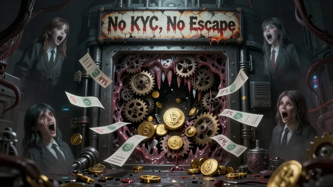 Vaisseau corrompu où des tokens sont avalés par une gueule mécanique, des utilisateurs fondent en pourcentages.