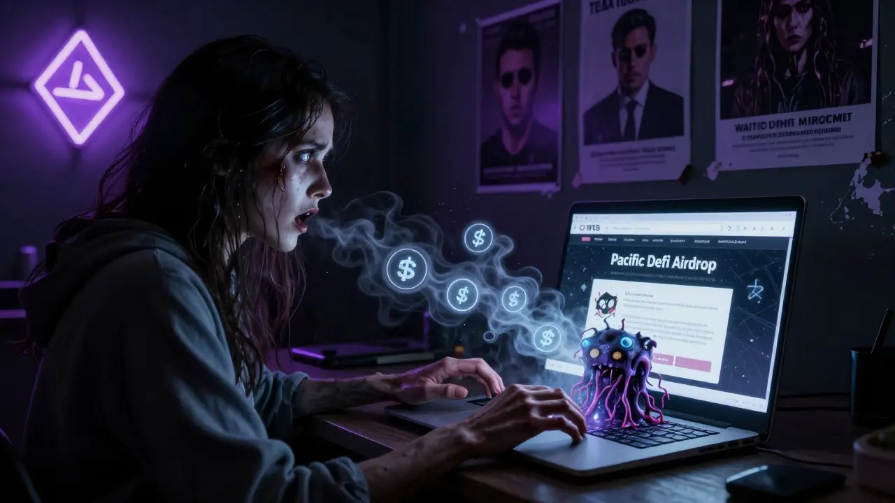 Victime regardant son écran alors que ses fonds sont dévorés par un contrat malveillant en forme de tentacule.