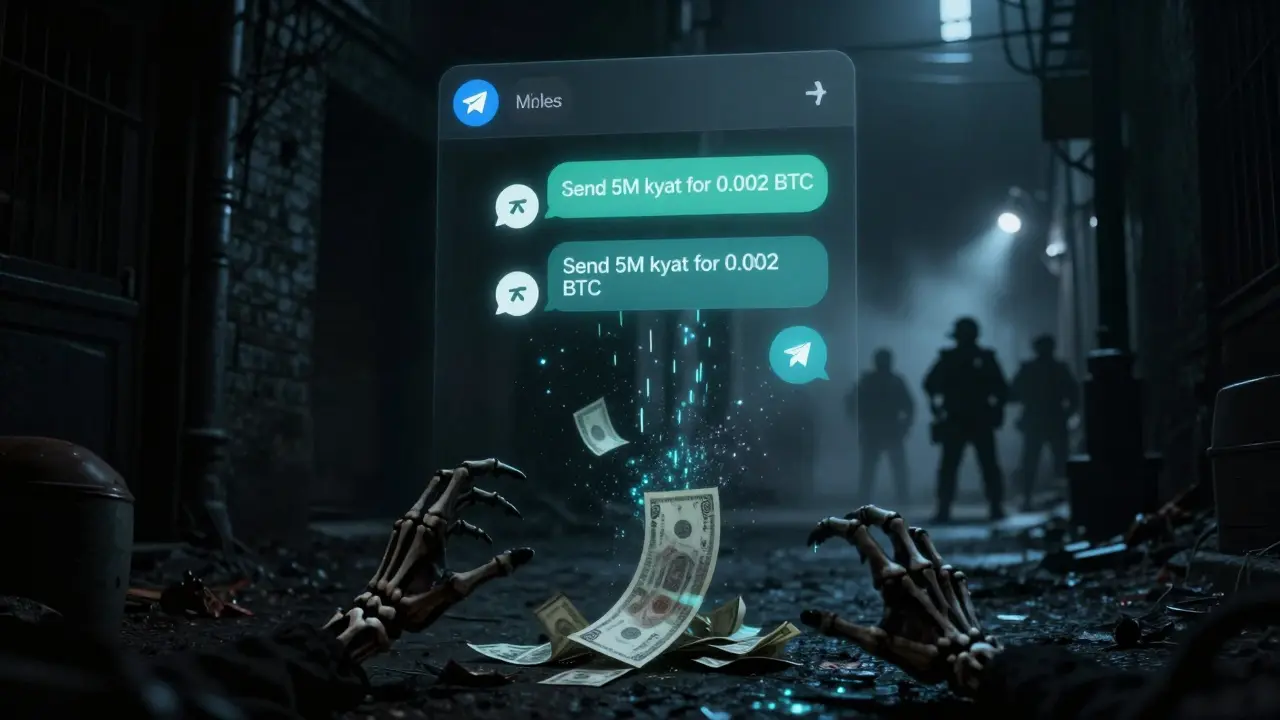 Des mains squelettiques saisissent des billets qui se transforment en données numériques, sous un chat Telegram fantomatique dans une ruelle obscure.