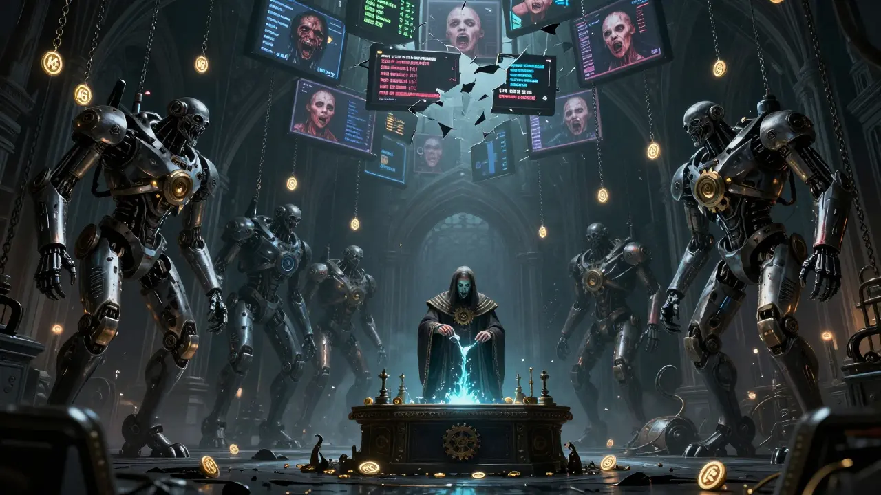 Hangar souterrain rempli de méchs NFT suspendus comme des cadavres, reliés à des chaînes de jetons MCG pulsants sous un rituel obscur.