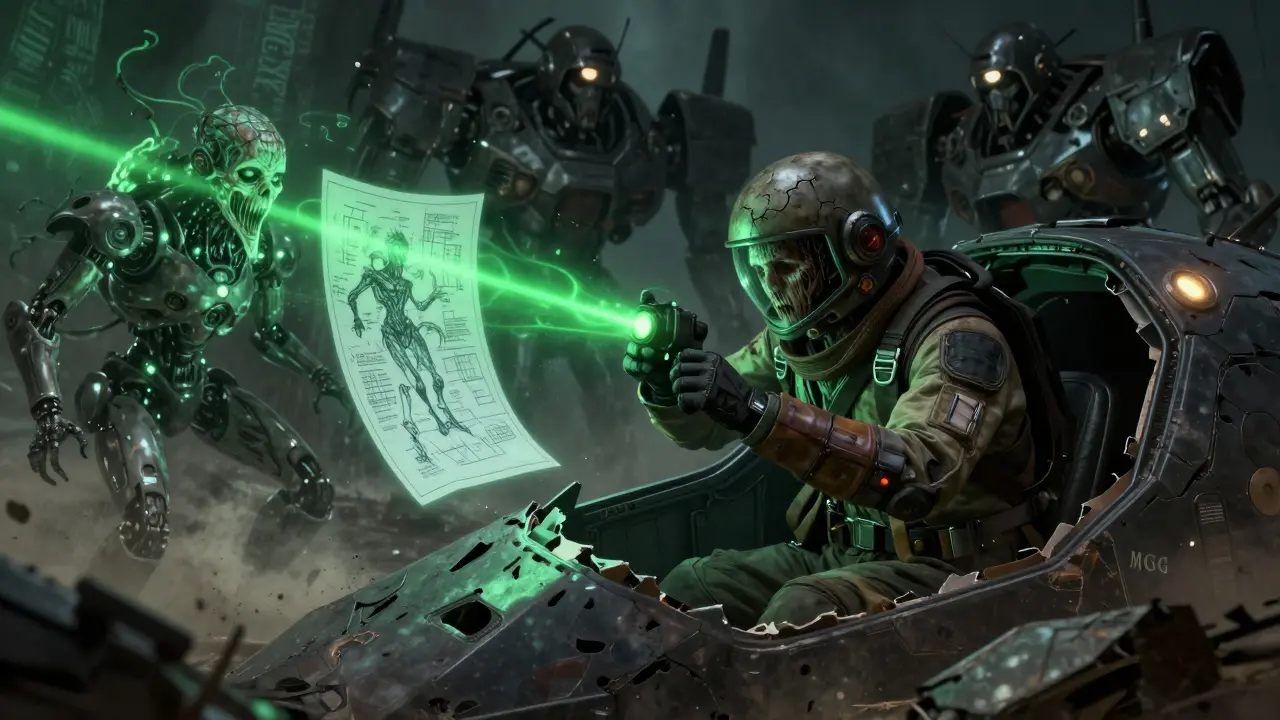 Pilote en train de scanner un méch ennemi détruit, des blueprints flottants se transformant en entité grotesque dans une atmosphère sombre.