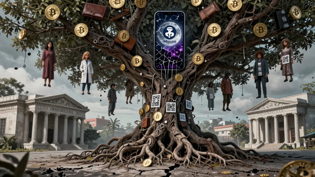 Un arbre géant fait de portefeuilles crypto étouffe des victimes, sous un ciel où la lune affiche un logo de communauté cryptographique.