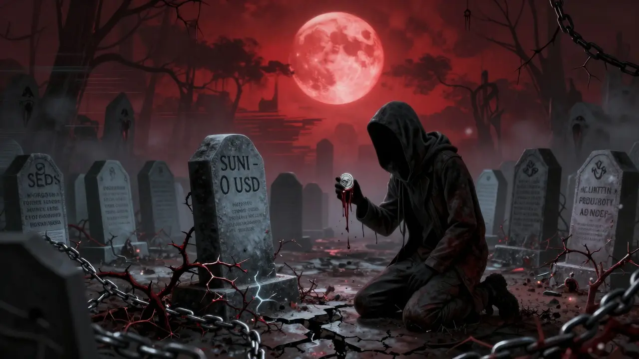 Un cimetière numérique avec une pierre tombale marquée 'SUNI - 0 USD', un participant kneelant devant.