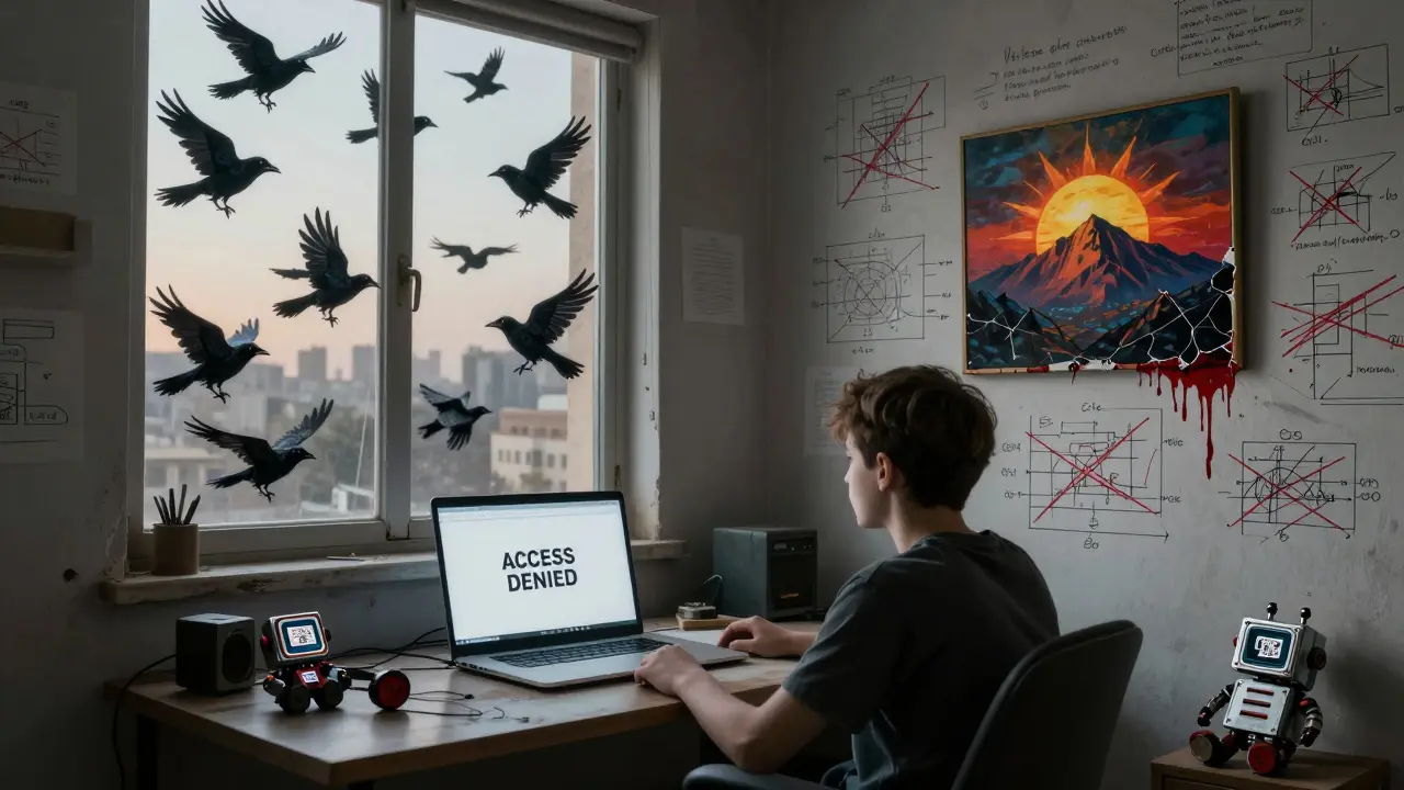 Un développeur dans un appartement vide, entouré de schémas blockchain effacés et d'oiseaux numériques volant à la fenêtre.