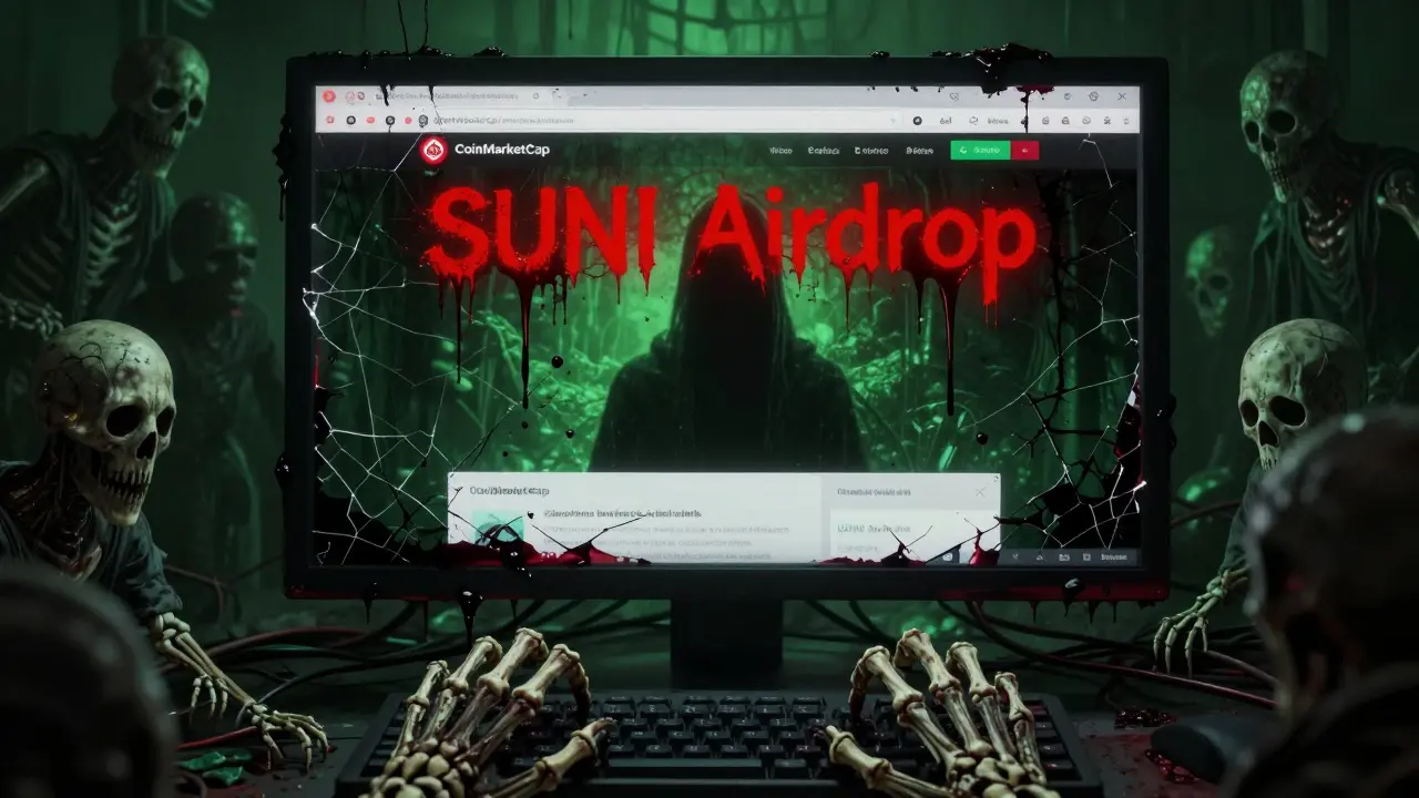 Un écran de CoinMarketCap décomposé, avec des doigts squelettiques tapant et des avatars sans visage.