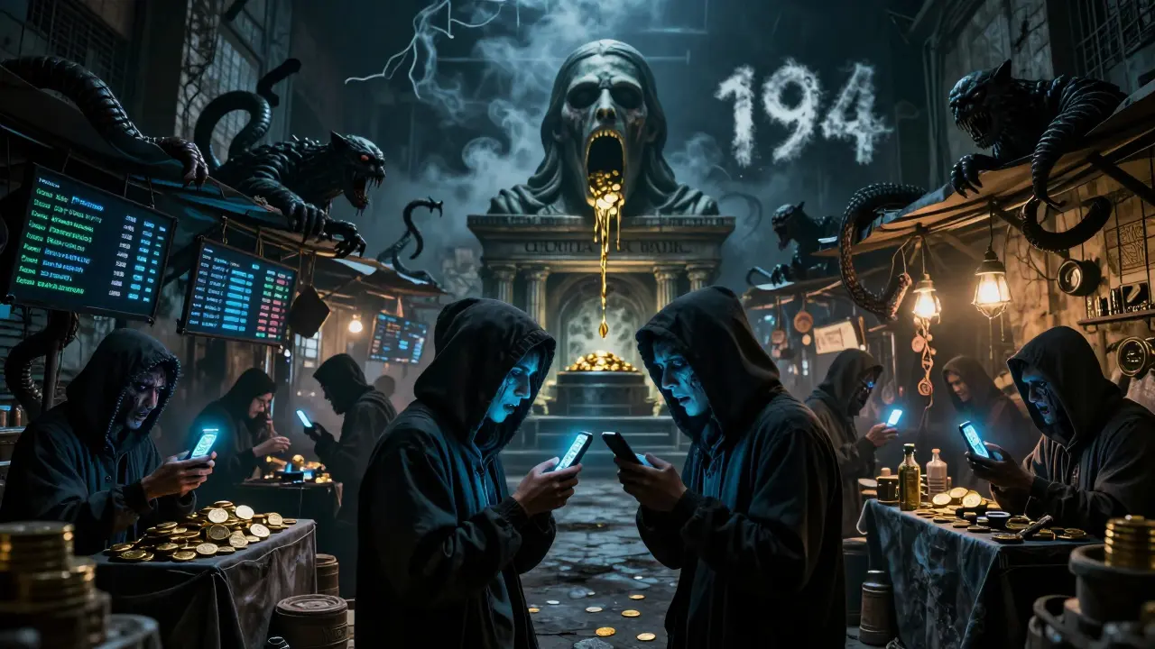 Un marché clandestin au Caire où des silhouettes échangent des cryptos sous l'œil d'une statue monstrueuse de la banque centrale.