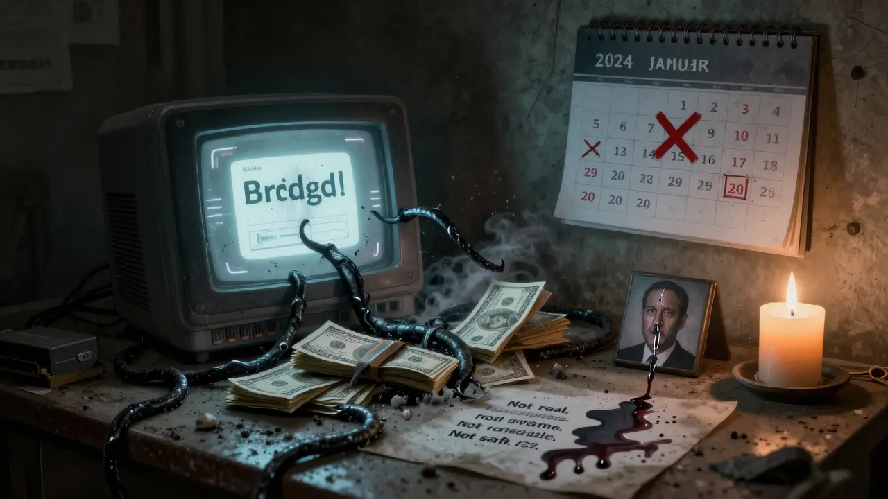 Un portefeuille crypto abandonné, ses écrans émettant une lueur sinistre, tandis que des liens noirs détruisent de l'argent en cendres.