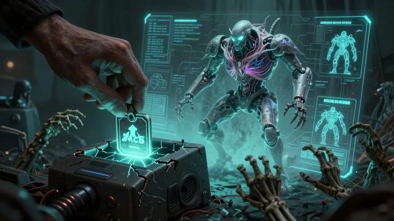 Une main tenant un jeton MCG au-dessus d’un scanner qui projette un plan mécanique vivant, entouré de mains squelettiques.