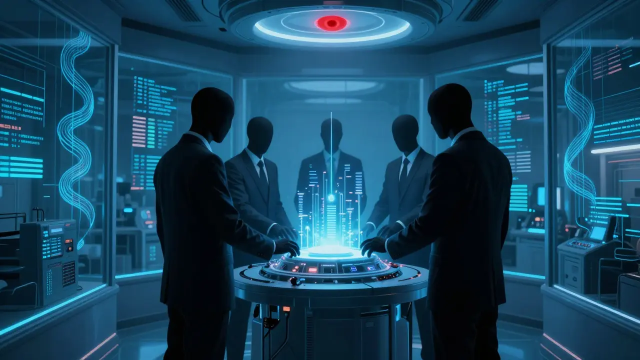 Centre de contrôle privé sombre avec des figures masquées connectées à un cœur pulsant de données secrètes.