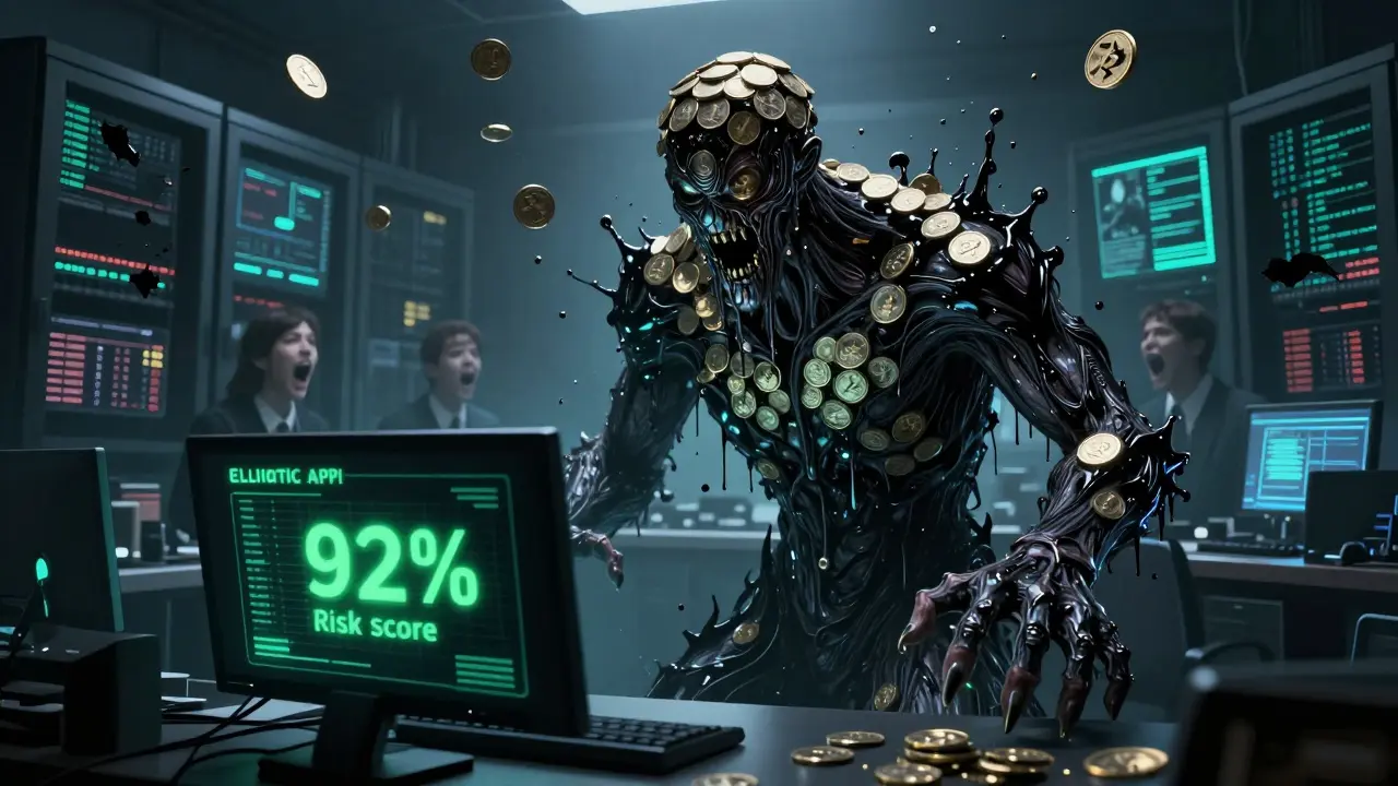 Entité monstrueuse faite de crypto-monnaies privées, bloquant une transaction avec une interface API verte menaçante dans une salle serveur sombre.