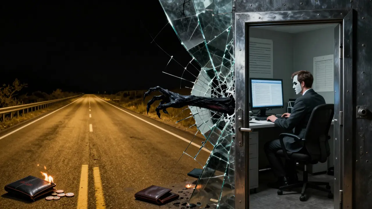 Miroir brisé montrant une route ouverte et une porte verrouillée, liées par un tentacule de code menaçant.