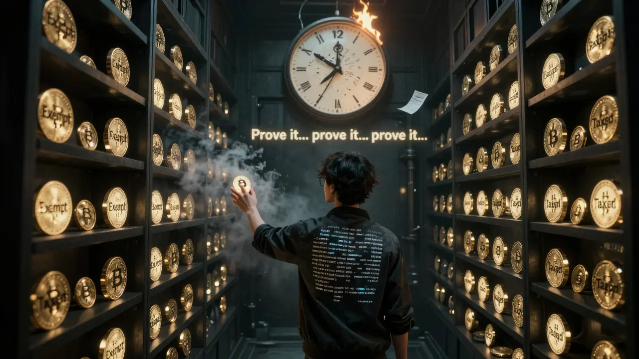 Un coffre souterrain avec des tokens exempts et taxés, où un trader se désintègre en échangeant des preuves de transactions étrangères.