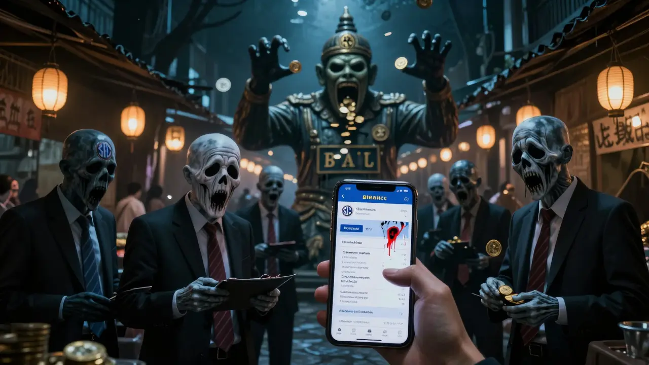 Un marché hanté où des entités fiscales exigeant des reçus, tandis qu'une statue géante avale des tokens décentralisés.