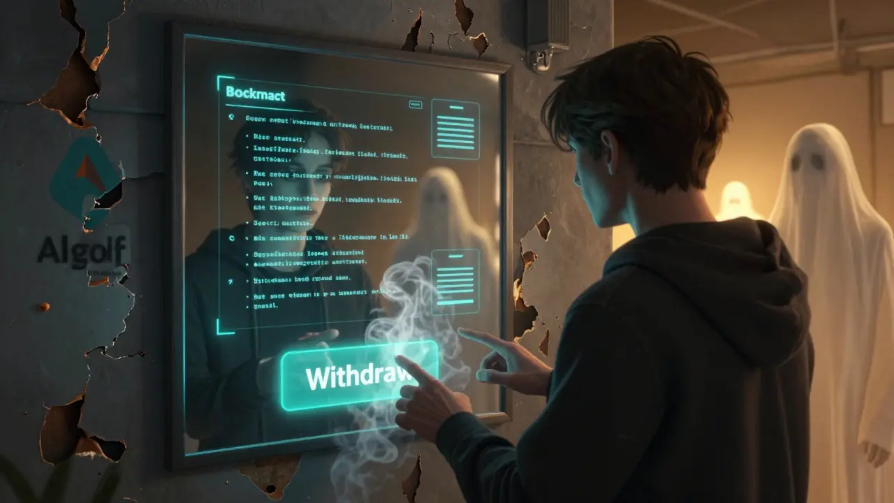 Un utilisateur face à un miroir qui reflète son identité comme un contrat blockchain, tandis que des silhouettes de concurrents vivants brillent dans l'ombre.