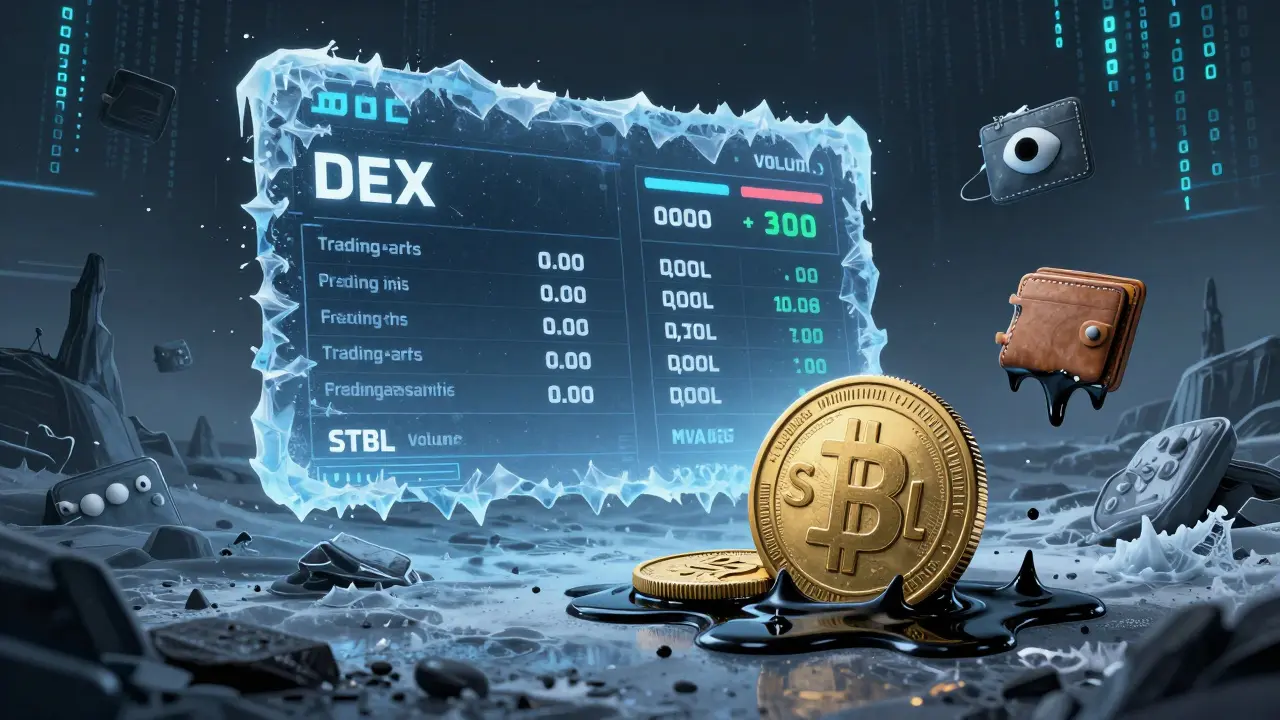 Une interface DEX gelée dans un désert numérique, avec des pièces STBL qui fondent et des portefeuilles aux yeux vides sous des messages d'erreur.