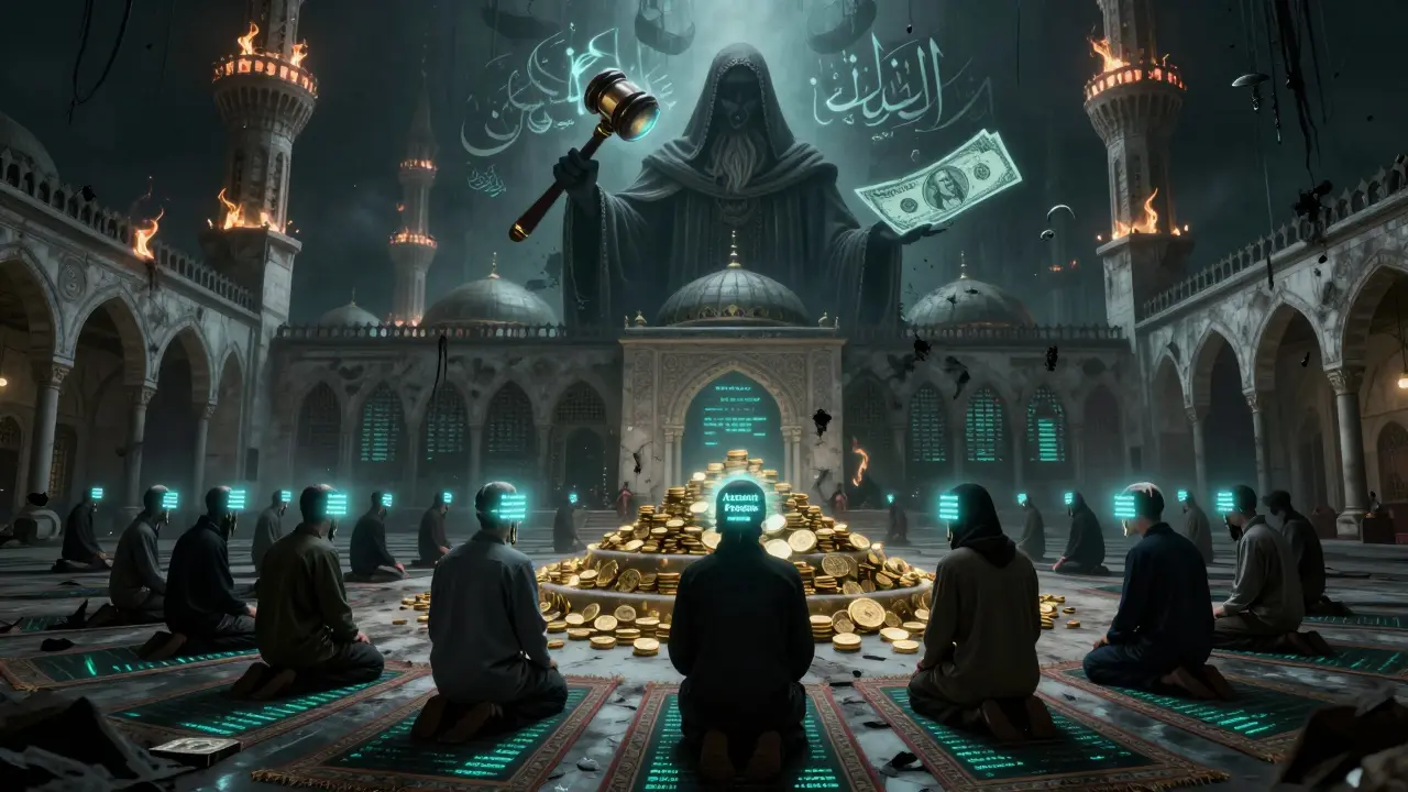 Une mosquée détruite avec des tapis de blockchain, des fidèles face à des tokens lumineux, une silhouette de banque centrale au-dessus d'eux.